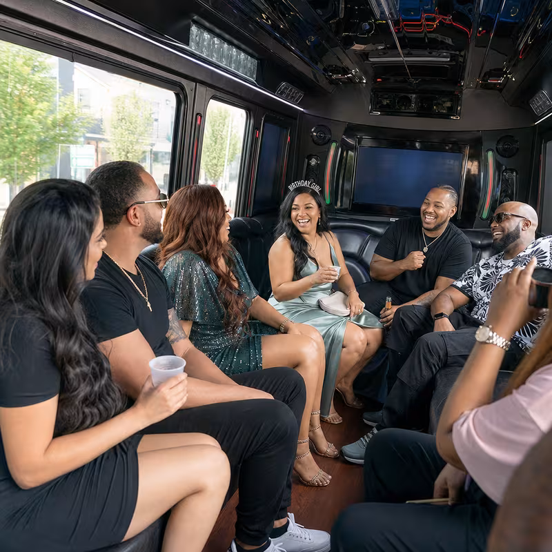 Black Mercedes Sprinter van staged for an Santa Clarita Birthday Transportation group