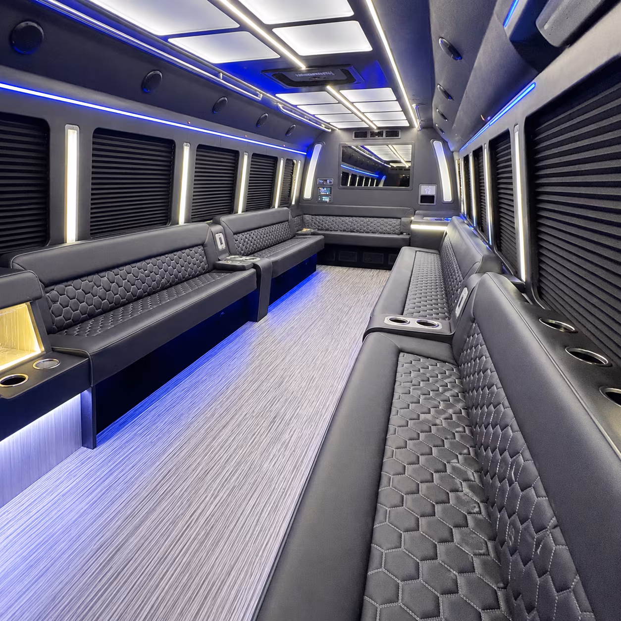 Interior of a party bus rental serving Santa Clarita