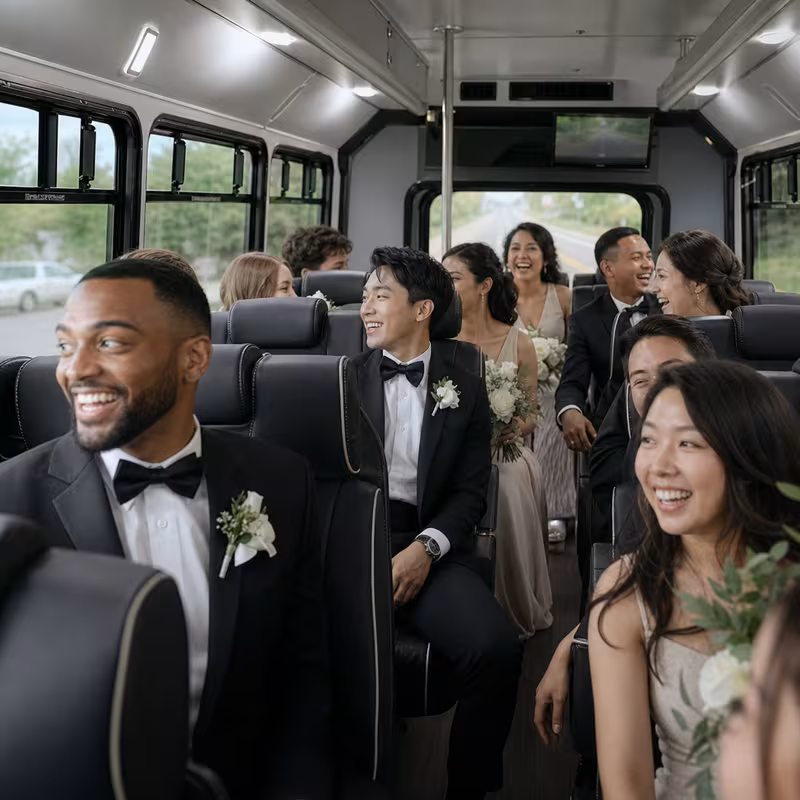 Group boarding a white charter bus for Wedding Transportation transportation in Santa Clarita