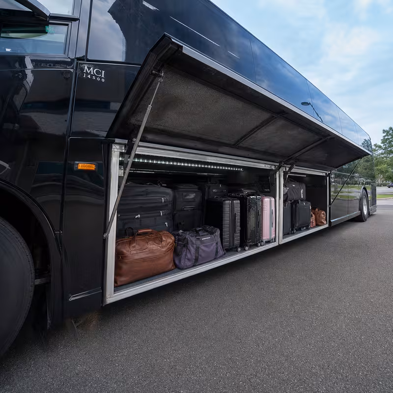 Party bus interior with wraparound leather seating and LED lighting in Santa Clarita